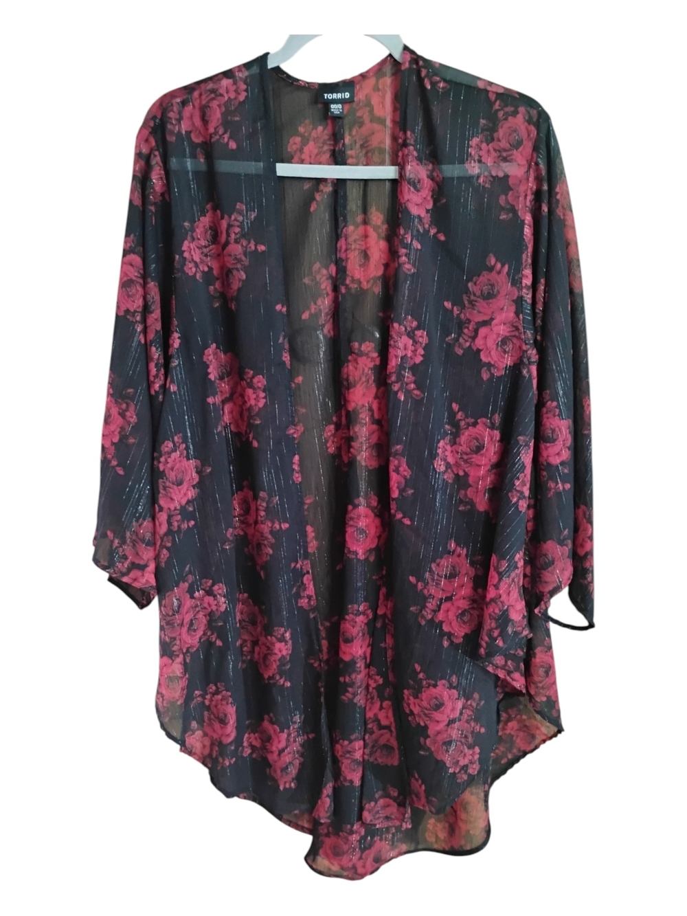Torrid Black Red Rose Floral Sheer Chiffon Kimono Lurex Silver Pinstripe Sz 00/0 - Picture 2 of 7